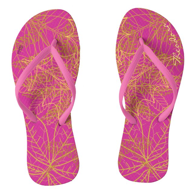 Chinelos Fundo Clássico Dourado Folha Fuchsia (Pé da cama)