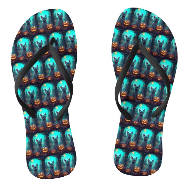 Chinelos Gato Azul Russo Halloween Com Pumpkins Assustado (Pé da cama)