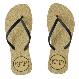 Chinelos Glitter Dourado Preto e Monograma Dourado