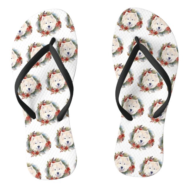 Chinelos Grinalda de Natal Samoyed Pupila Festiva (Pé da cama)