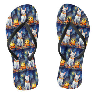Chinelos Halloween Bull Terrier Com Pumpkins Assustado