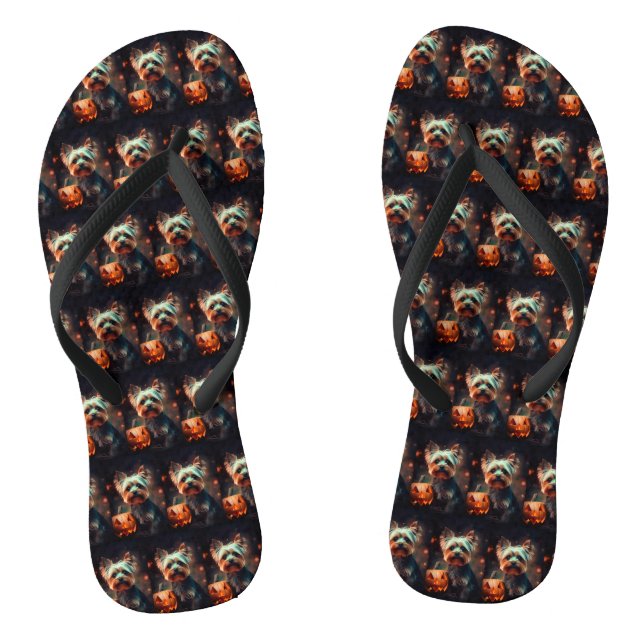 Chinelos Halloween Yorkshire Terrier Com Pumpkins Assustado (Pé da cama)