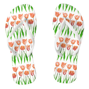 Chinelos Impressão de Jardim Tulipado em Laranja Coral e Ve