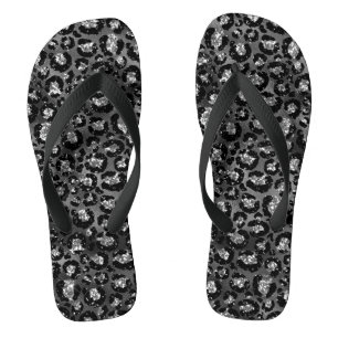 Chinelos Impressão de Leopardo Preto e Cinza Prata