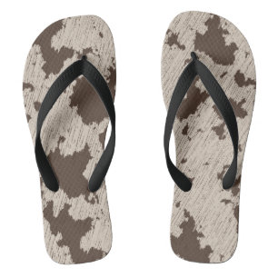 Chinelos Impressão de Vaca Falsa, Marrom e Creme