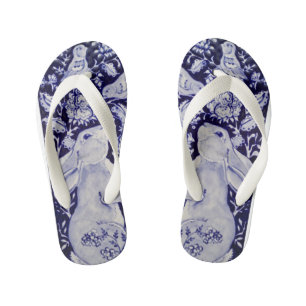 Chinelos Infantis Azul e Coelho Branco Bird Floral Chinoiserie