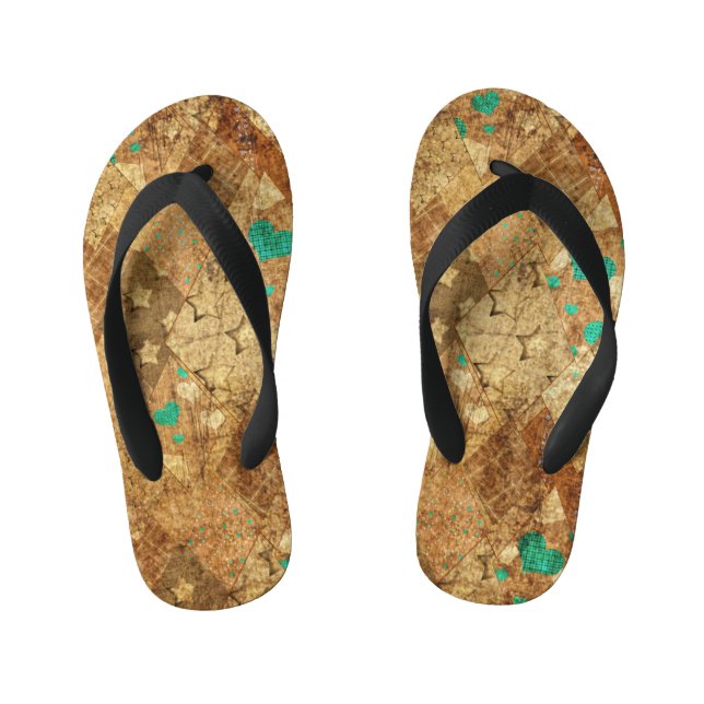 Chinelos Infantis Brown Grunge Quilt Stars Hearts (Pé da cama)