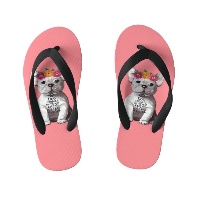Chinelos Infantis Chinelas de Bulldog Francês Rosa para Crianças (Pé da cama)