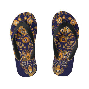 Chinelos Infantis Dourado e azul, padrão floral sem costura.