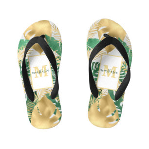 Chinelos Infantis Dourado Verde Grande Par de Folhas Tropicais de Ch