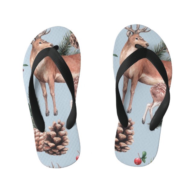 Chinelos Infantis Esboço dos animais de inverno, fundo azul. (Pé da cama)