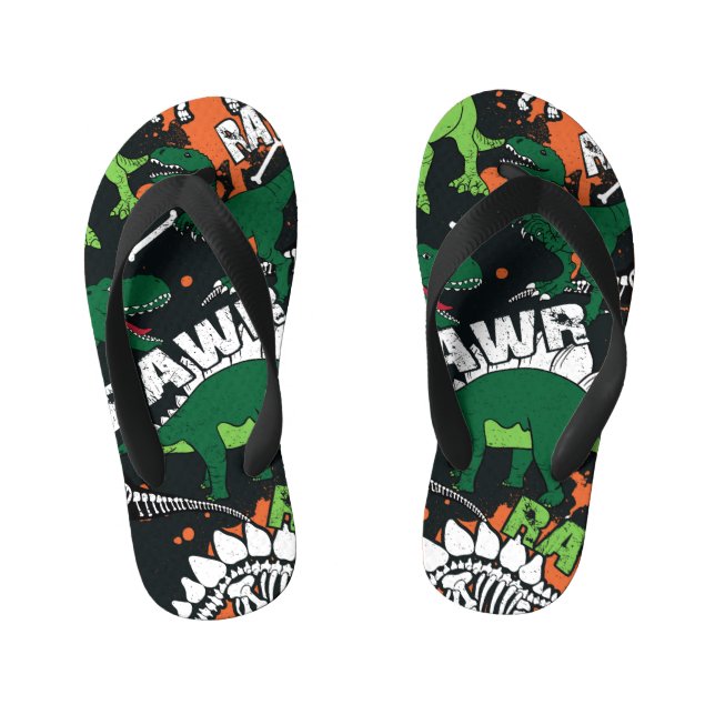 Chinelos Infantis Esqueleto de dinossauro, padrão contínuo grunge. (Pé da cama)