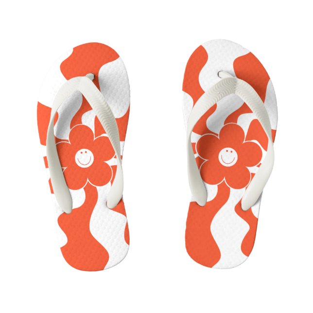 Chinelos Infantis Feliz Retro Daisy em Laranja e Branco (Pé da cama)