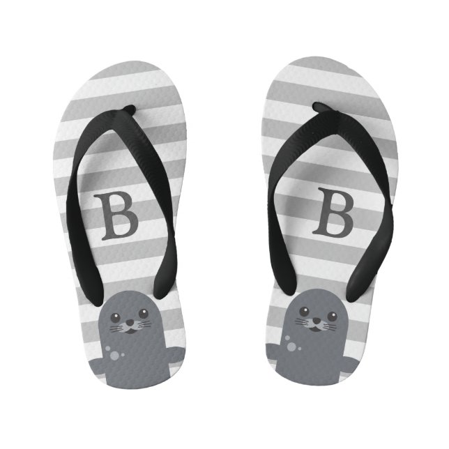 Chinelos Infantis Feliz Selo e Cinzas Stripes Monograma (Pé da cama)