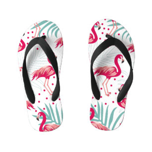 Chinelos Infantis Flamingo tropical e folhas, padrão de verão.