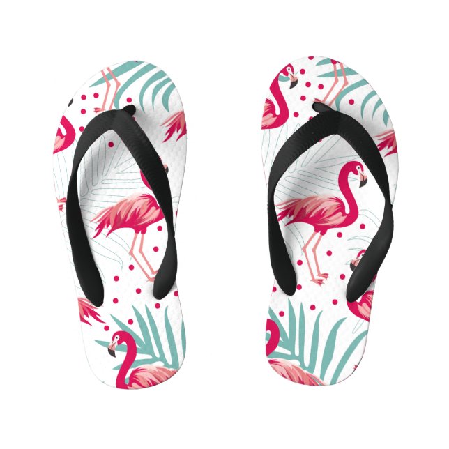 Chinelos Infantis Flamingo tropical e folhas, padrão de verão. (Pé da cama)