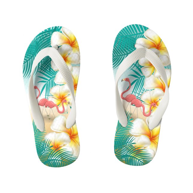 Chinelos Infantis Flamingos em um Design de praia tropical teal (Pé da cama)