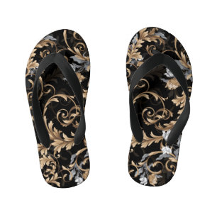 Chinelos Infantis Flores clássicas barrocas: fundo negro.