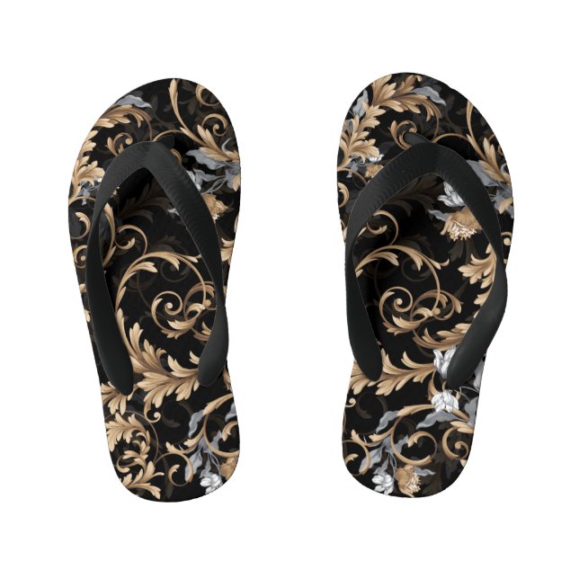 Chinelos Infantis Flores clássicas barrocas: fundo negro. (Pé da cama)