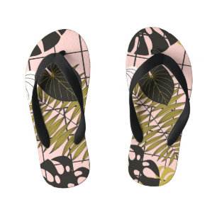 Chinelos Infantis Folhas tropicais, flores, padrão pintado à mão.
