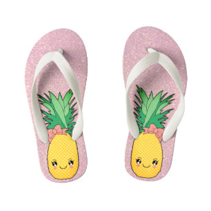 Chinelos Infantis Fruta de abacaxi de Kawaii, Glitter Beach Dourada 