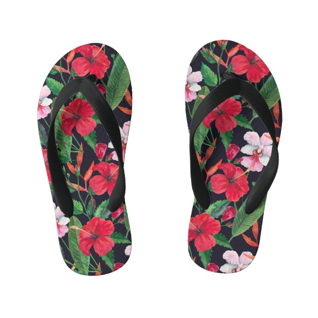 Chinelos Infantis hibisco vermelho, orquídeas, aquarela tropical. (Pé da cama)