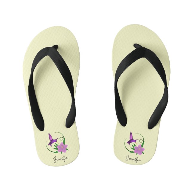 Chinelos Infantis Hummingbird com nome de flor rosa (Pé da cama)