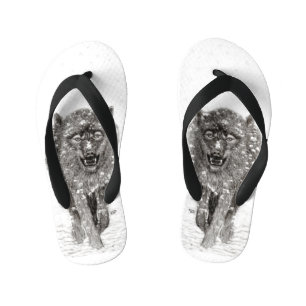 Chinelos Infantis Lobo Negro Zangado na Neve, inverno selvagem