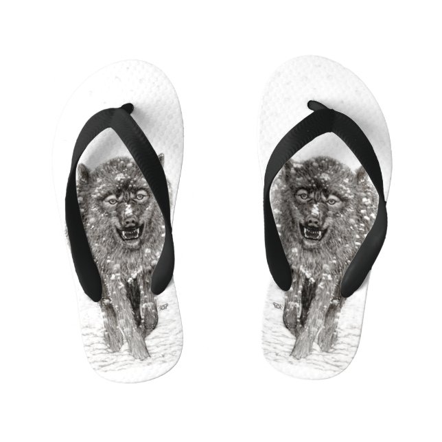 Chinelos Infantis Lobo Negro Zangado na Neve, inverno selvagem (Pé da cama)