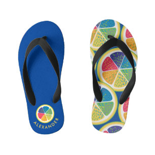 Chinelos Infantis Moderno Colorido Azul Fatias de Frutas Cítricas Te