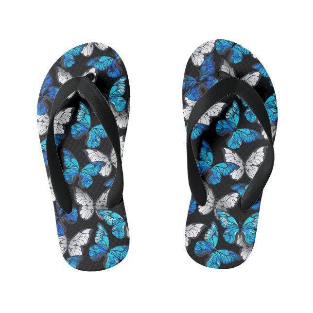 Chinelos Infantis Padrão contínuo escuro com borboletas azuis Morpho (Pé da cama)