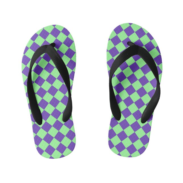 Chinelos Infantis Padrão de Diamante Xadrez Verde Roxo  (Pé da cama)