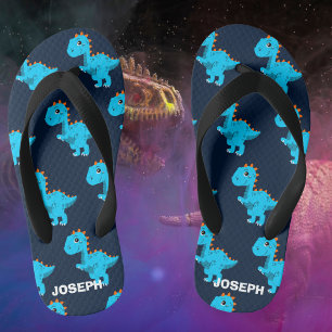 Chinelos Infantis Padrão de Dinossauro Azul Nome Personalizado Crian