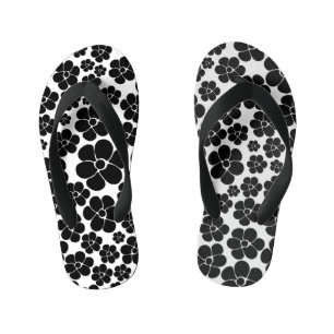 Chinelos Infantis Padrão de Flor - Preto e Branco