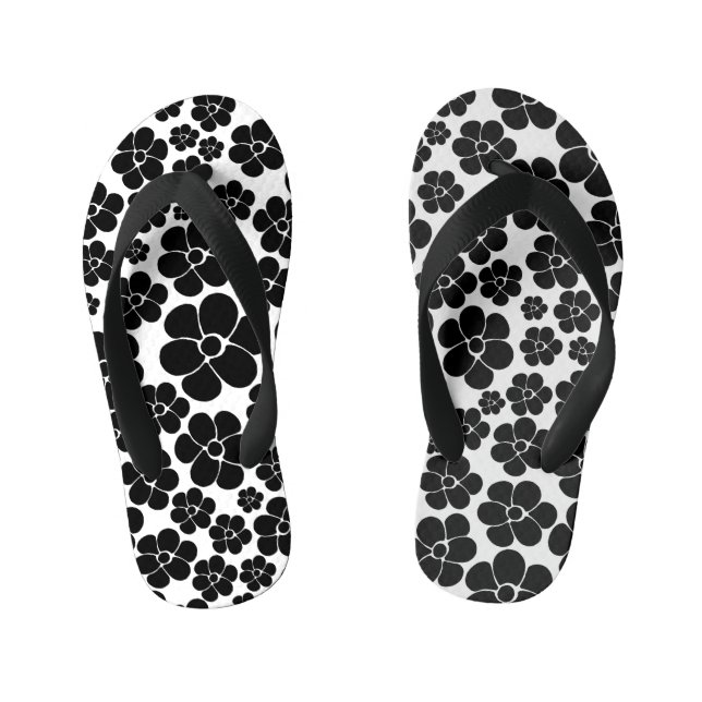 Chinelos Infantis Padrão de Flor - Preto e Branco (Pé da cama)