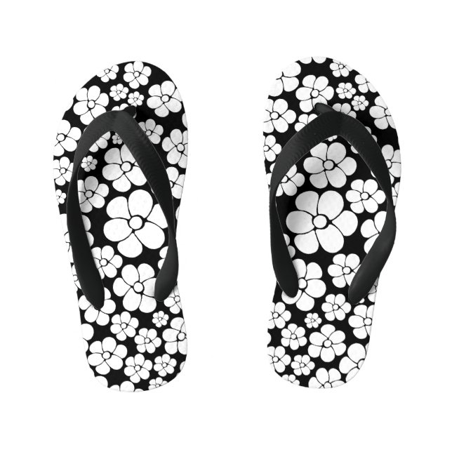 Chinelos Infantis Padrão de Flor Retroativo em Branco em Preto (Pé da cama)