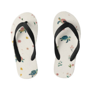 Chinelos Infantis Padrão de Tartaruga Marinha em Aquarela Floral Cos