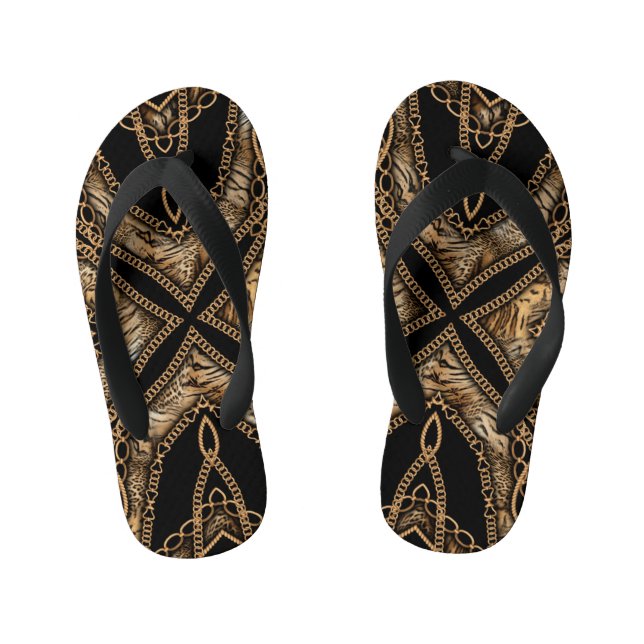 Chinelos Infantis Pele-Leopardo e Cadeia de Joias (Pé da cama)