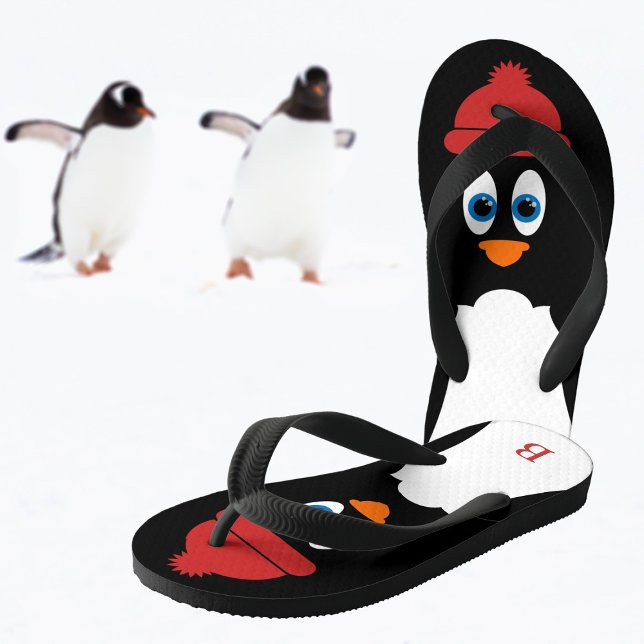 Chinelos Infantis Pinguim Pequeno Monograma Cartoon Cute Engraçado P (🐧  Love penguins and flip flops? Just add your initial! Available in Children and Adult sizes)