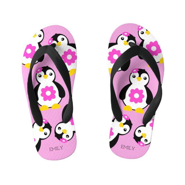 Chinelos Infantis Pinguins de Menina Bonita com Flores Rosa (Pé da cama)