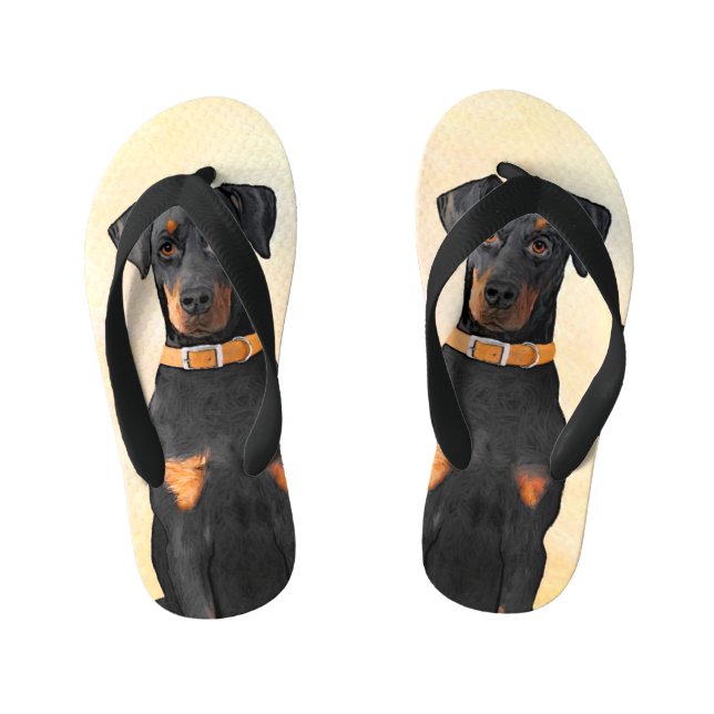 Chinelos Infantis Pintura Original de Doberman Pinscher com Orelhas  (Pé da cama)