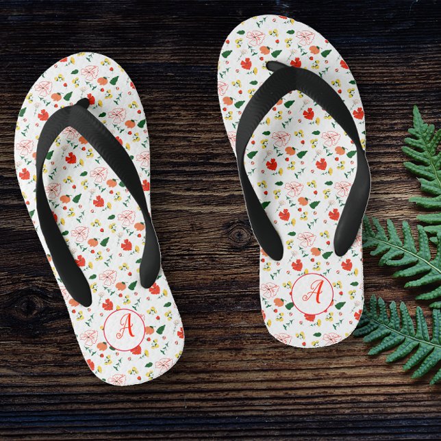 Chinelos Infantis Rapariga de flores silvestres vermelhas inicial (Criador carregado)