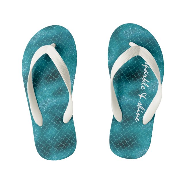 Chinelos Infantis Sereia Teal Sparkle personalizada (Pé da cama)