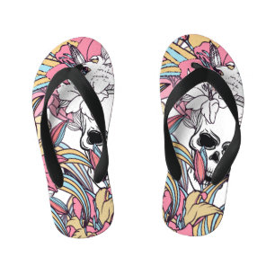 Chinelos Infantis Skulls Lily Flowers: Boho Vintage.