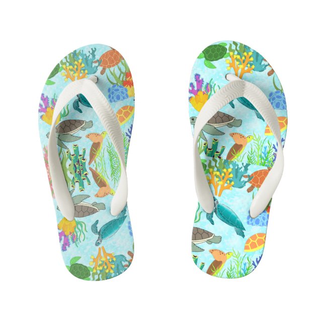 Chinelos Infantis Tartarugas do Mar Tropical Verde Submarinas Praia  (Pé da cama)