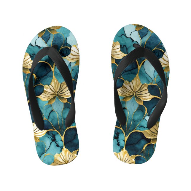 Chinelos Infantis Teal Floral Japonês Dourado (Pé da cama)