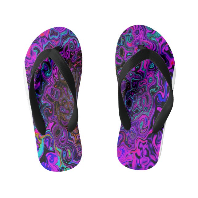 Chinelos Infantis Trippy Black and Magenta Retro Liquid Swirl (Pé da cama)
