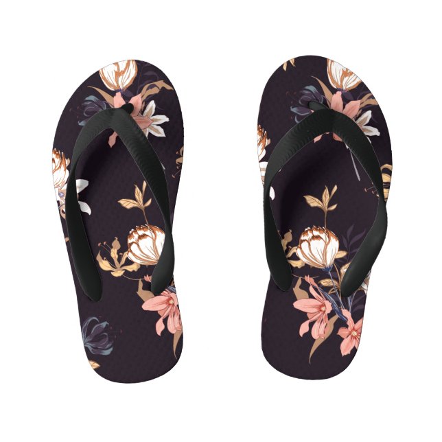 Chinelos Infantis Tulipas de safra, fundo roxo escuro (Pé da cama)