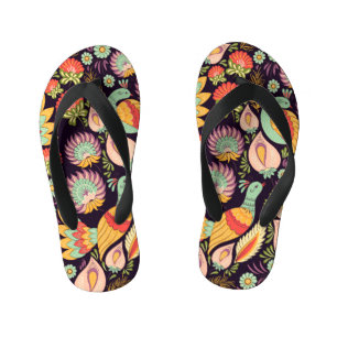 Chinelos Infantis Vintage Folk Floral Birds Ornament