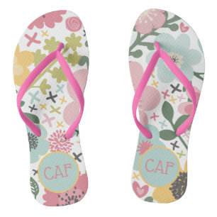 Chinelos Iniciais de Monograma Rosa Amarelo Azul Floral Ver